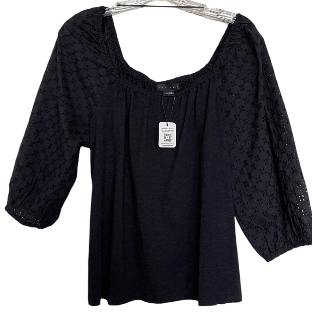 Sanctuary Blouse Top Womens Size Medium M Black Eyelet‎ Puff Sleeves Bohemian
